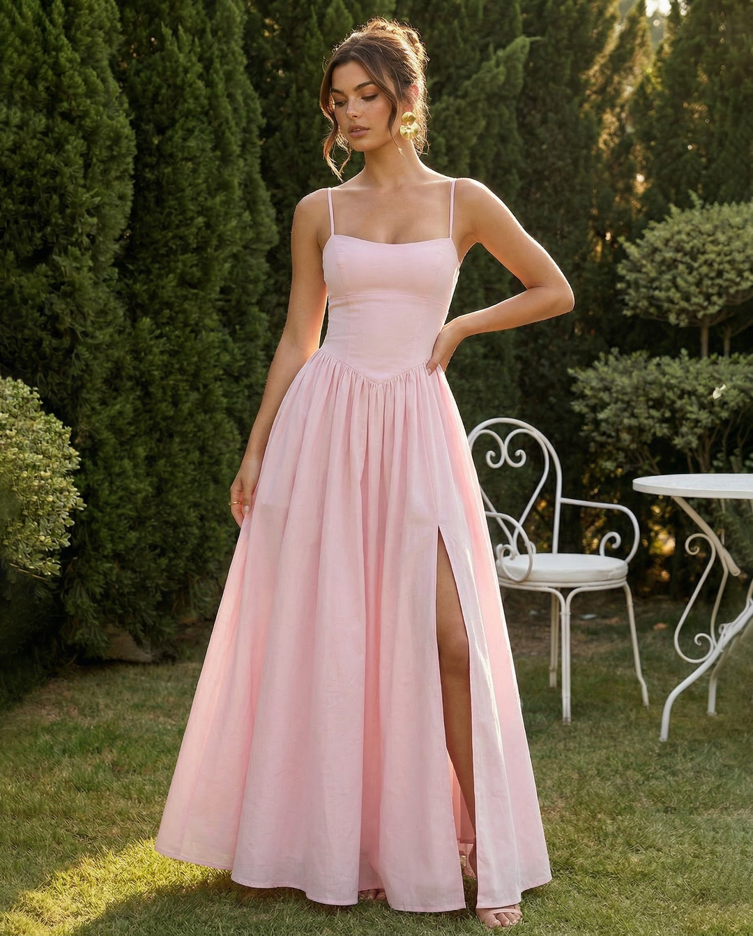 SOLACE  Pink Linen Blend Square Neck Side Slit Maxi Dress 