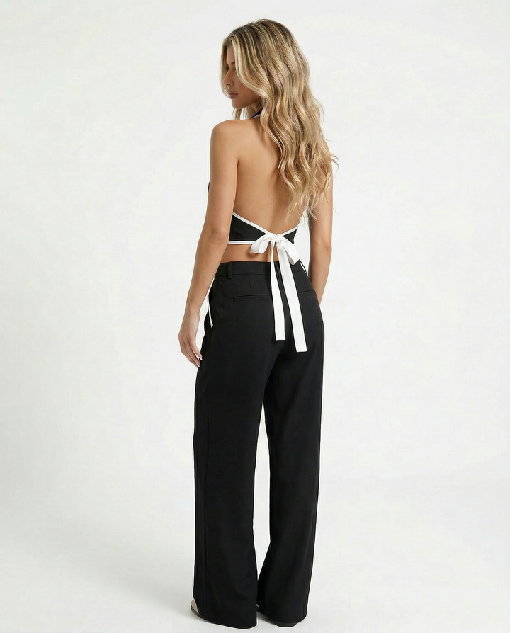 SOLACE  Contrast Trim Halter Backless Top Wide Leg Pants Set 