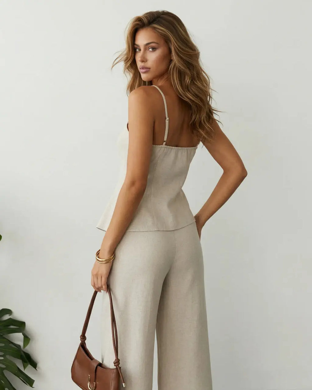 SOLACE  One Shoulder Linen Cami Top Wide Leg Linen Blend Trousers Set 