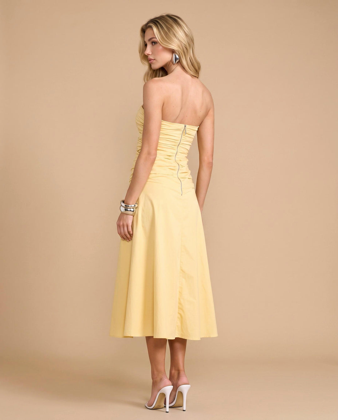 SOLACEYellow Strapless Ruched Bust Cutout Detail Flare Midi Dress