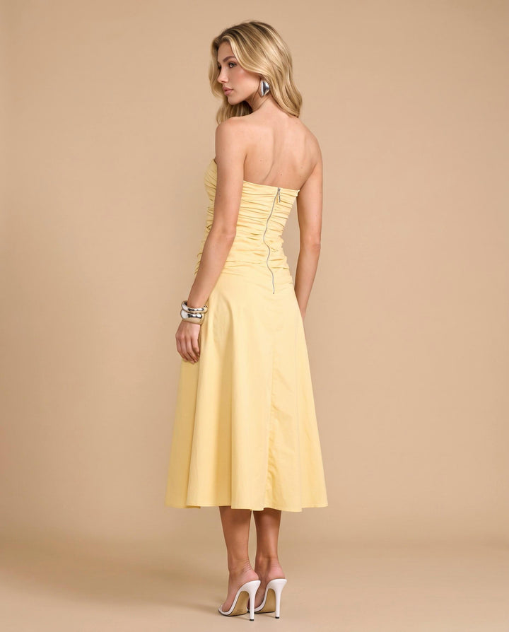 SOLACEYellow Strapless Ruched Bust Cutout Detail Flare Midi Dress