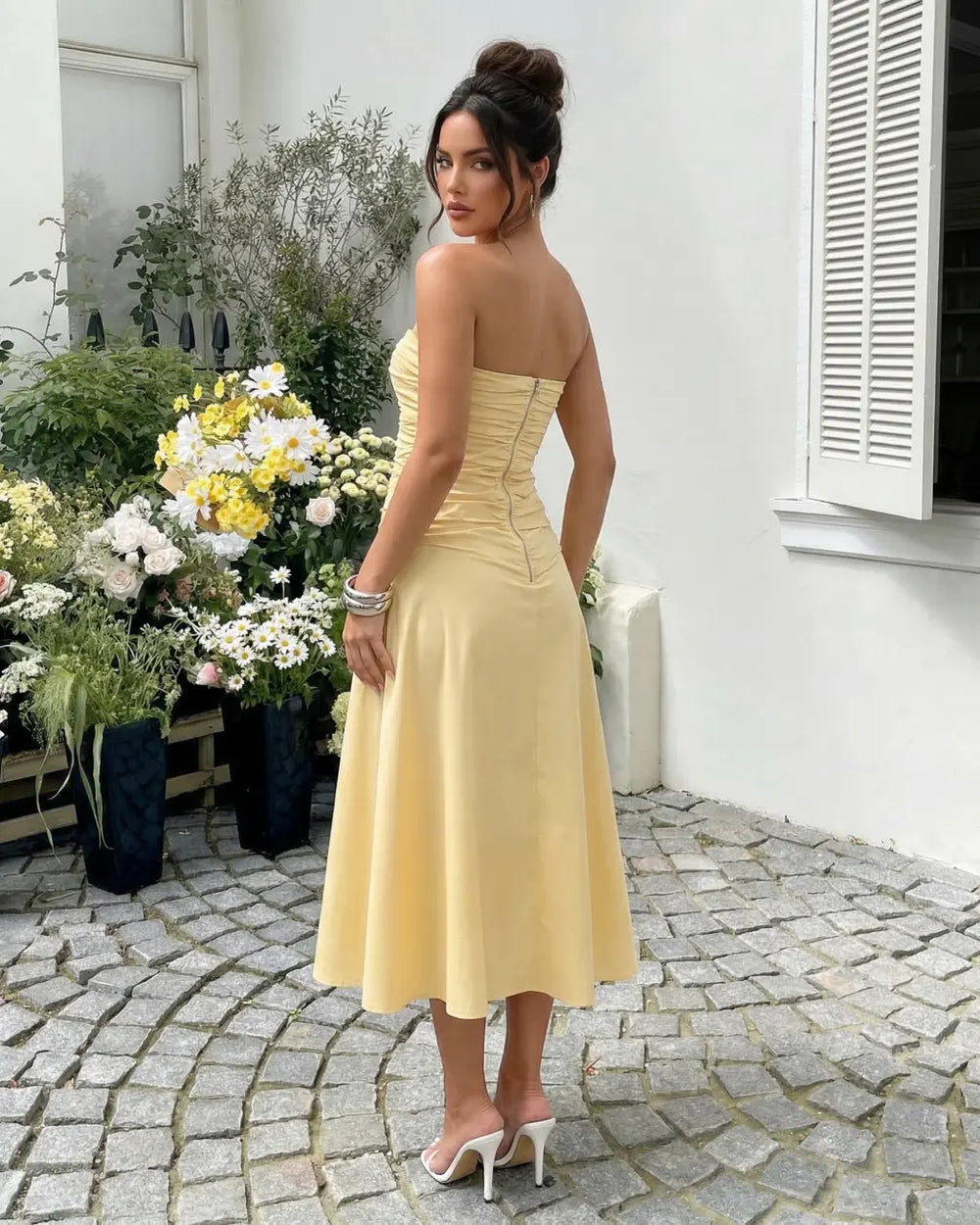 SOLACE  Yellow Strapless Ruched Bust Cutout Detail Flare Midi Dress 
