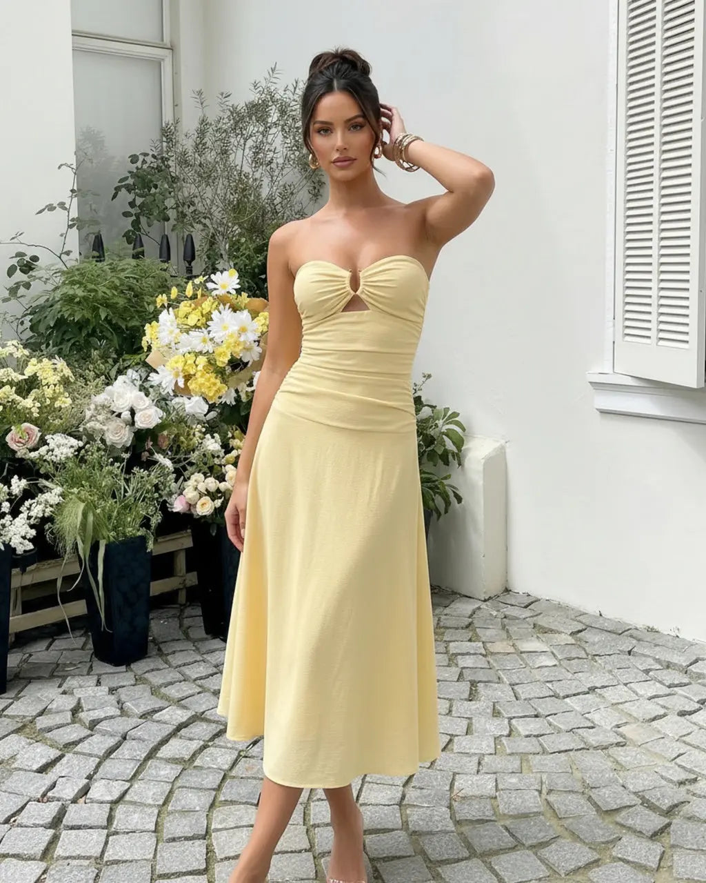 SOLACE  Yellow Strapless Ruched Bust Cutout Detail Flare Midi Dress 