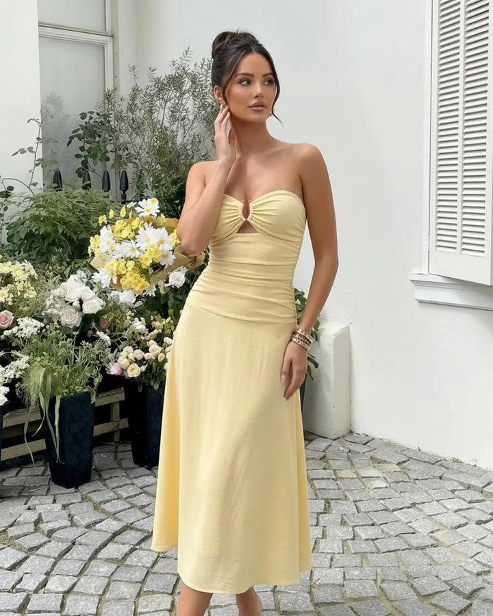 SOLACE  Yellow Strapless Ruched Bust Cutout Detail Flare Midi Dress 