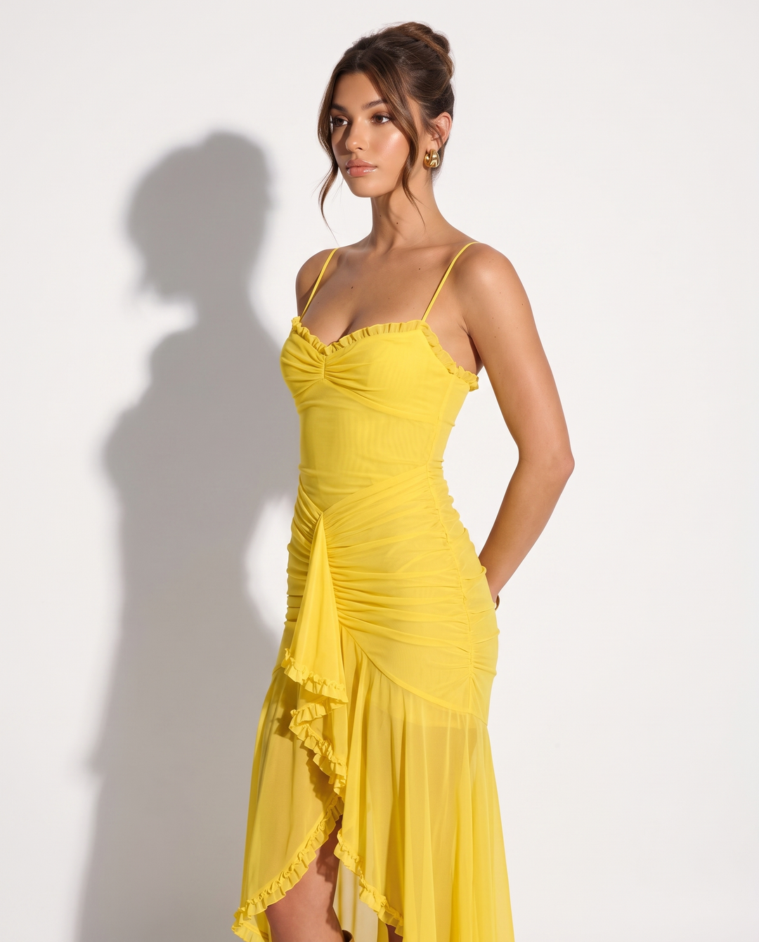 SOLACEButter Yellow Spaghetti Strap Ruffle Trim Ruched High Low Maxi Dress