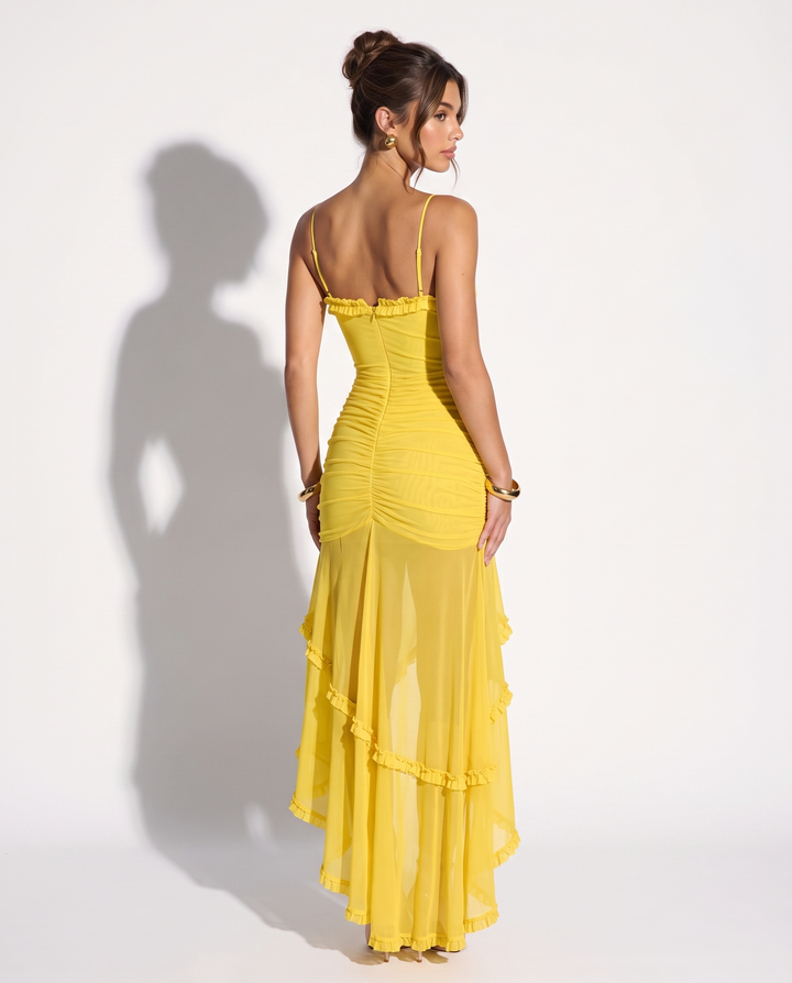 SOLACEButter Yellow Spaghetti Strap Ruffle Trim Ruched High Low Maxi Dress