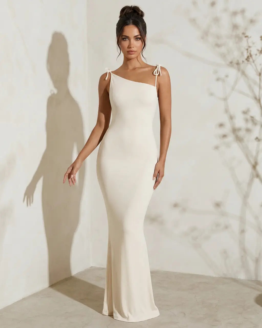 Beige Asymmetrical Tie Strap Soft Knit Slim Fit Maxi Dress SOLACE
