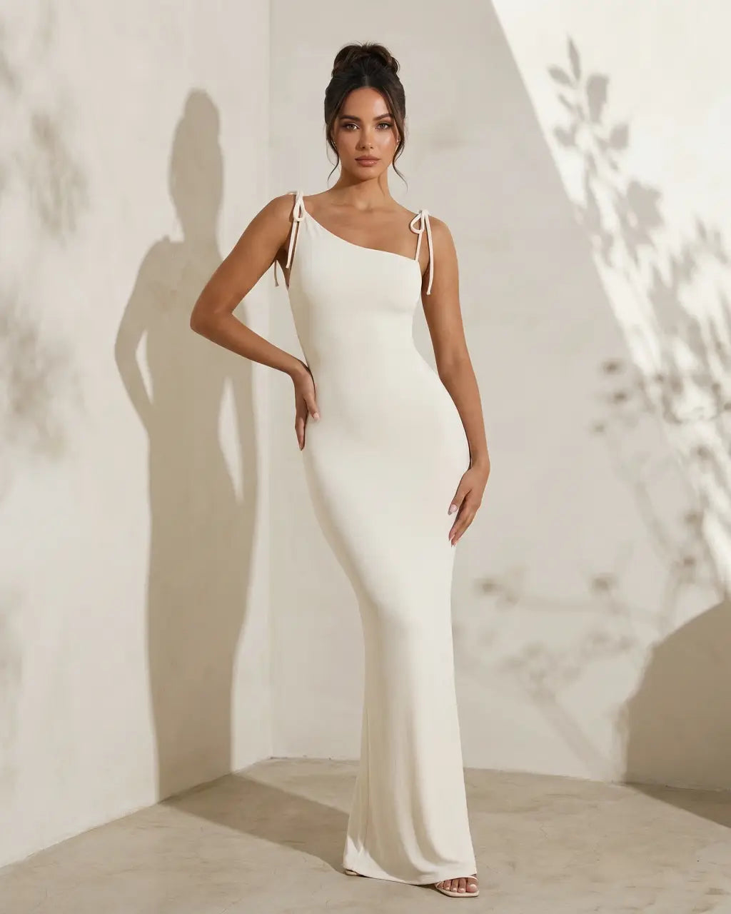 Beige Asymmetrical Tie Strap Soft Knit Slim Fit Maxi Dress SOLACE