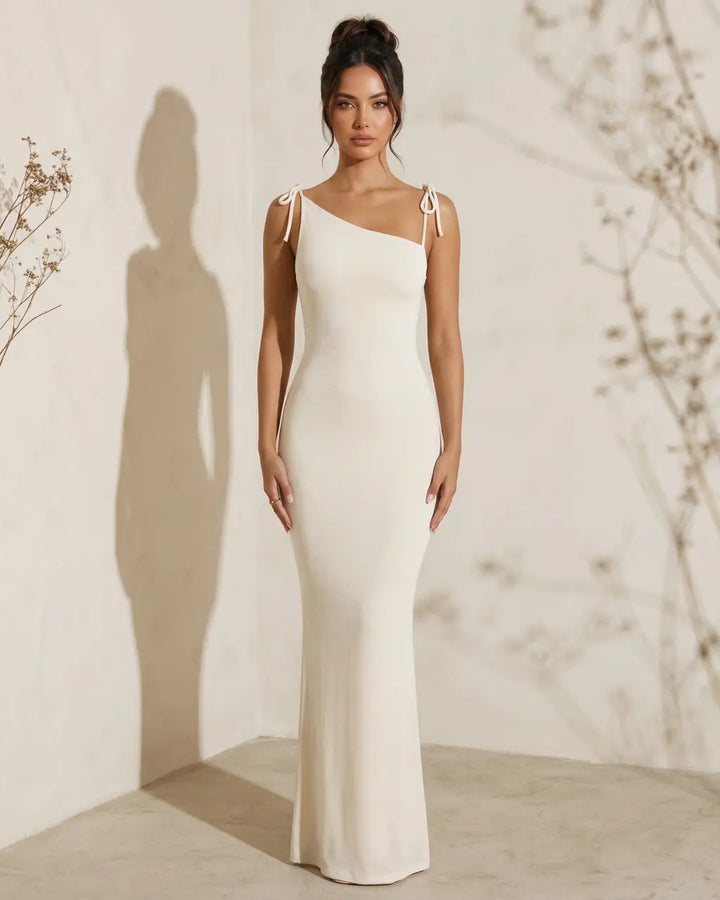 Beige Asymmetrical Tie Strap Soft Knit Slim Fit Maxi Dress SOLACE