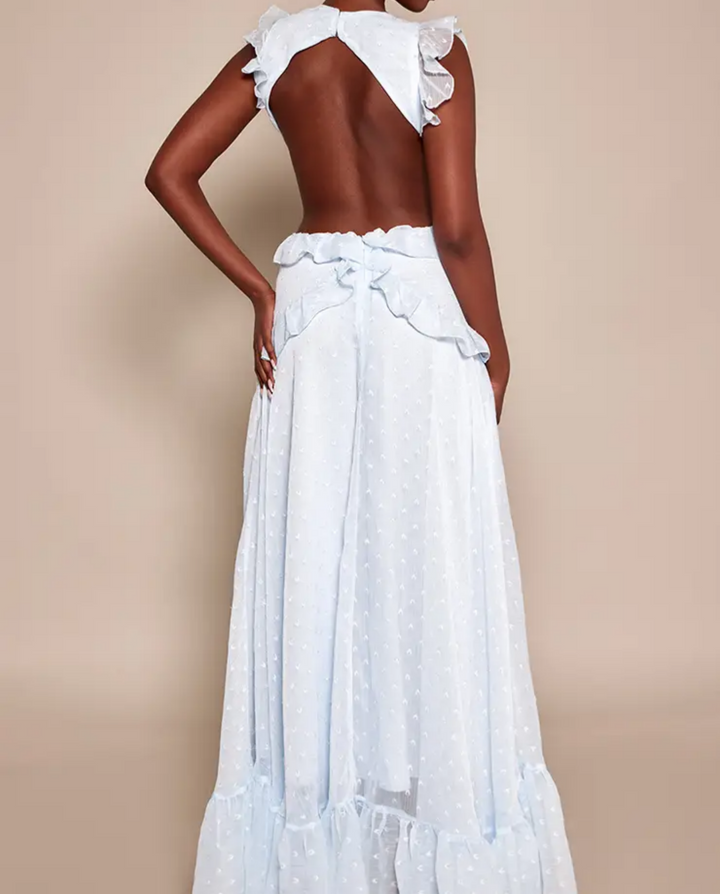 SOLACE  Blue Dobby Dot Ruffle Backless Maxi Dress 
