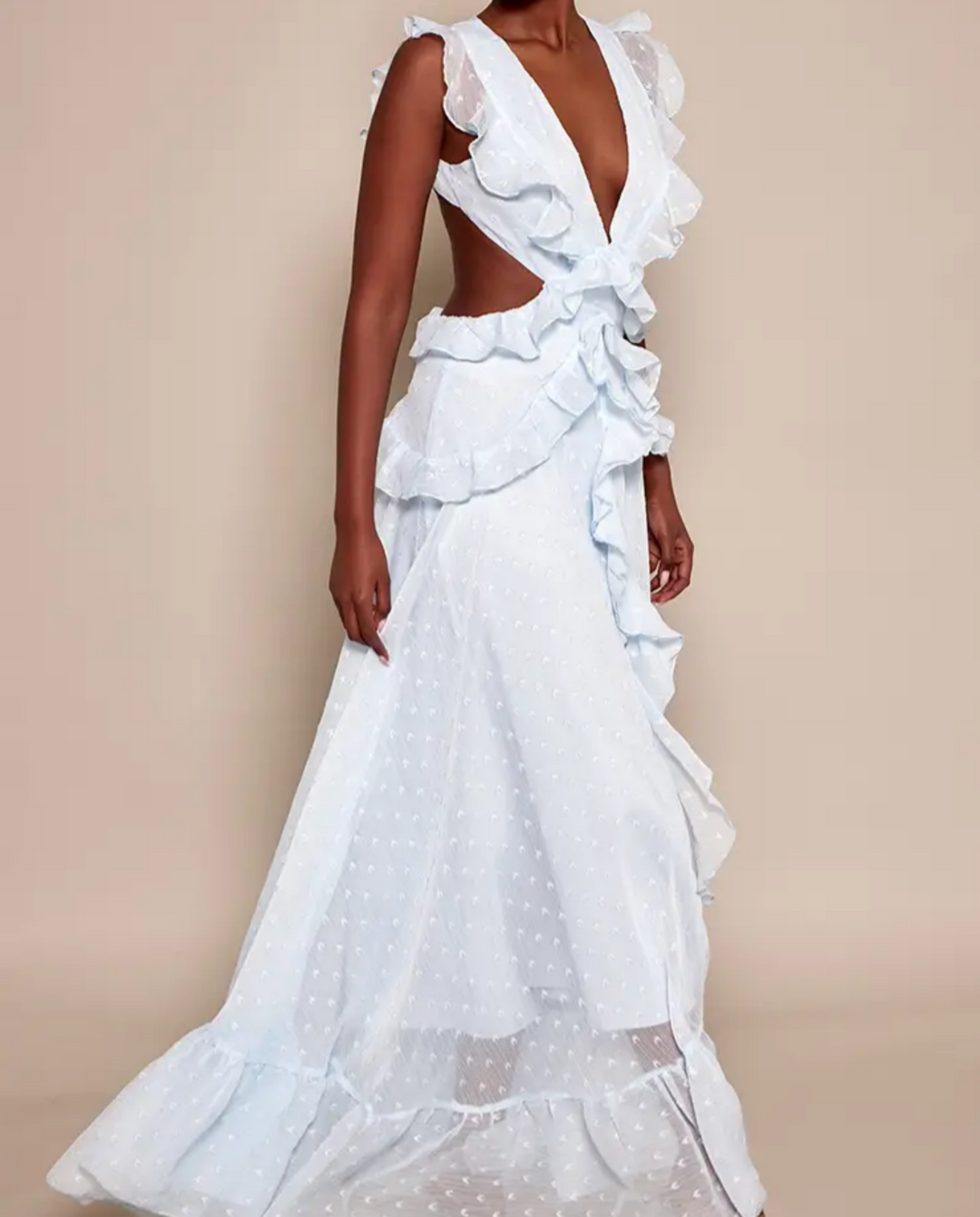 SOLACE  Blue Dobby Dot Ruffle Backless Maxi Dress 