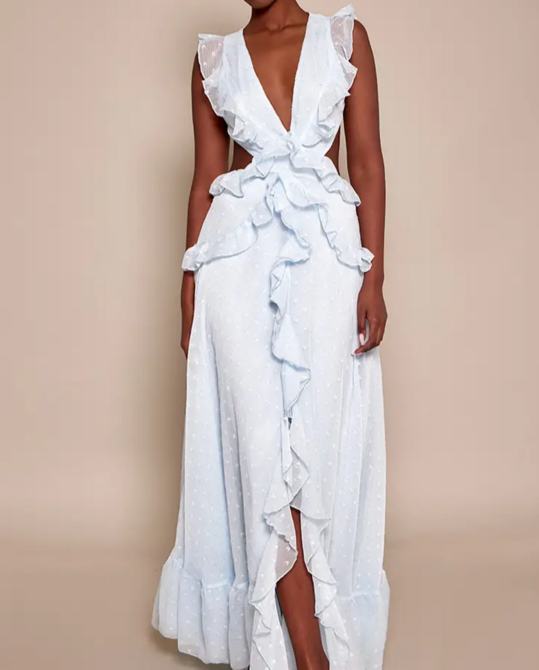 SOLACE  Blue Dobby Dot Ruffle Backless Maxi Dress 