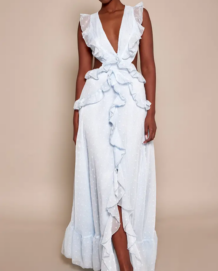 SOLACE  Blue Dobby Dot Ruffle Backless Maxi Dress 