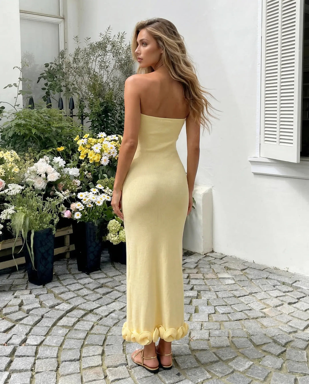 SOLACE  Butter Yellow Strapless Ribbed Knit Rosette Trim Bodycon Maxi Dress 