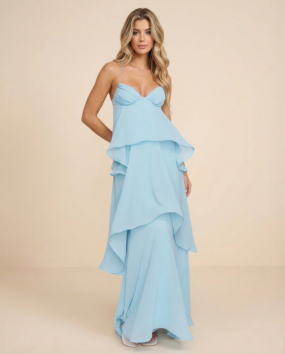 SOLACE  Sky Blue Spaghetti Strap Ruched Bust Tiered Ruffle Maxi Dress 