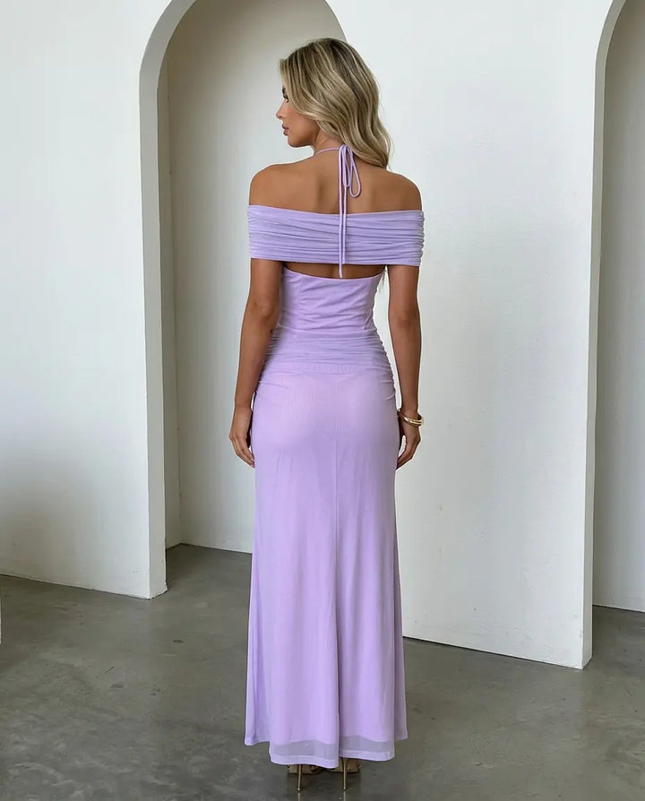 SOLACE  Purple Halter Neck Ruched Mesh Bodycon Maxi Dress 
