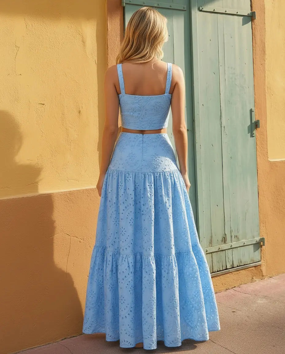Blue Eyelet Square Neck Crop Top Tiered Maxi Skirt  Set - SOLACE