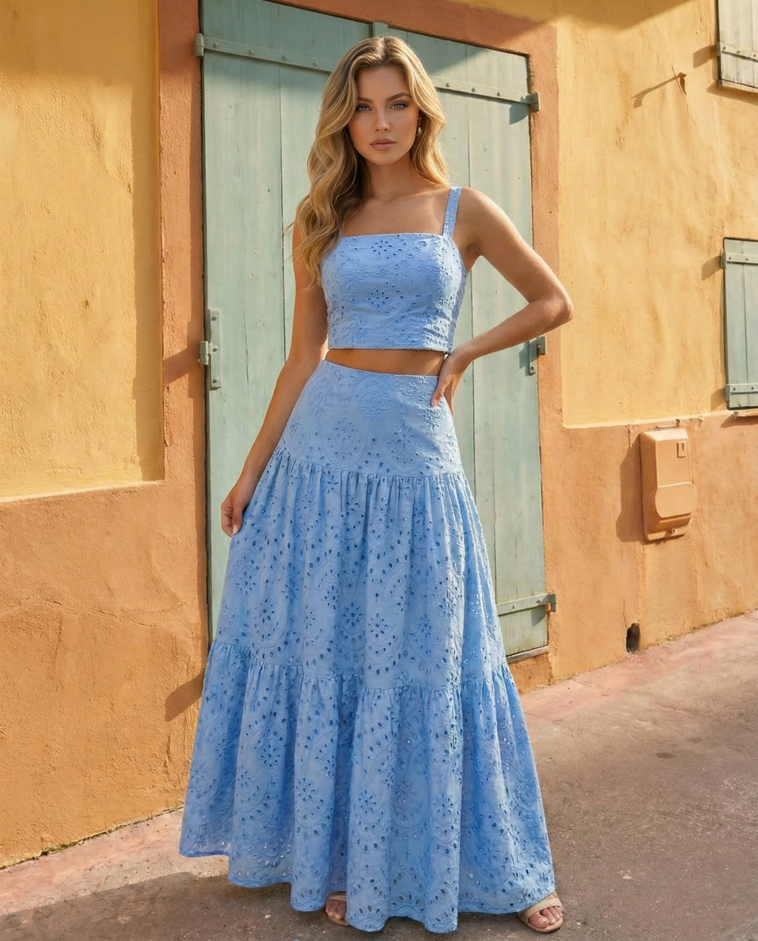 SOLACE  Blue Eyelet Square Neck Crop Top Tiered Maxi Skirt  Set 