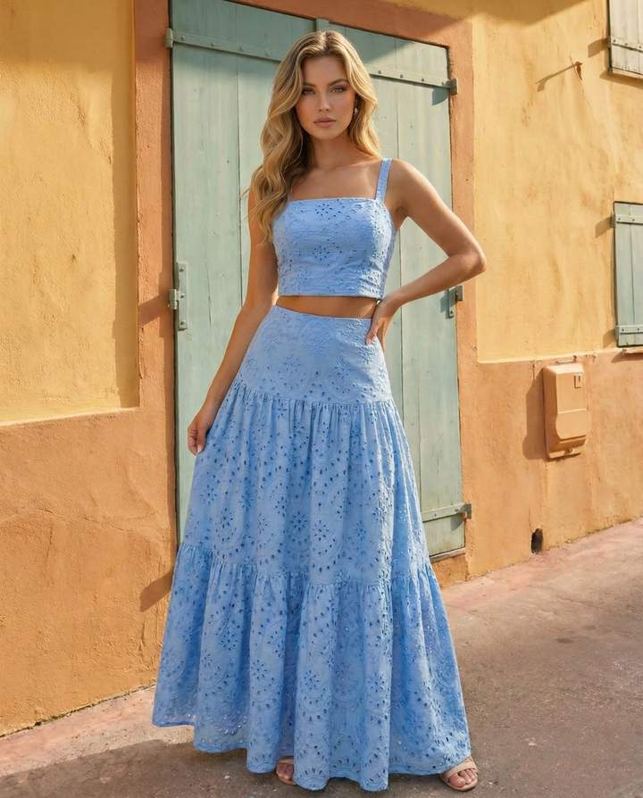 SOLACE  Blue Eyelet Square Neck Crop Top Tiered Maxi Skirt  Set 