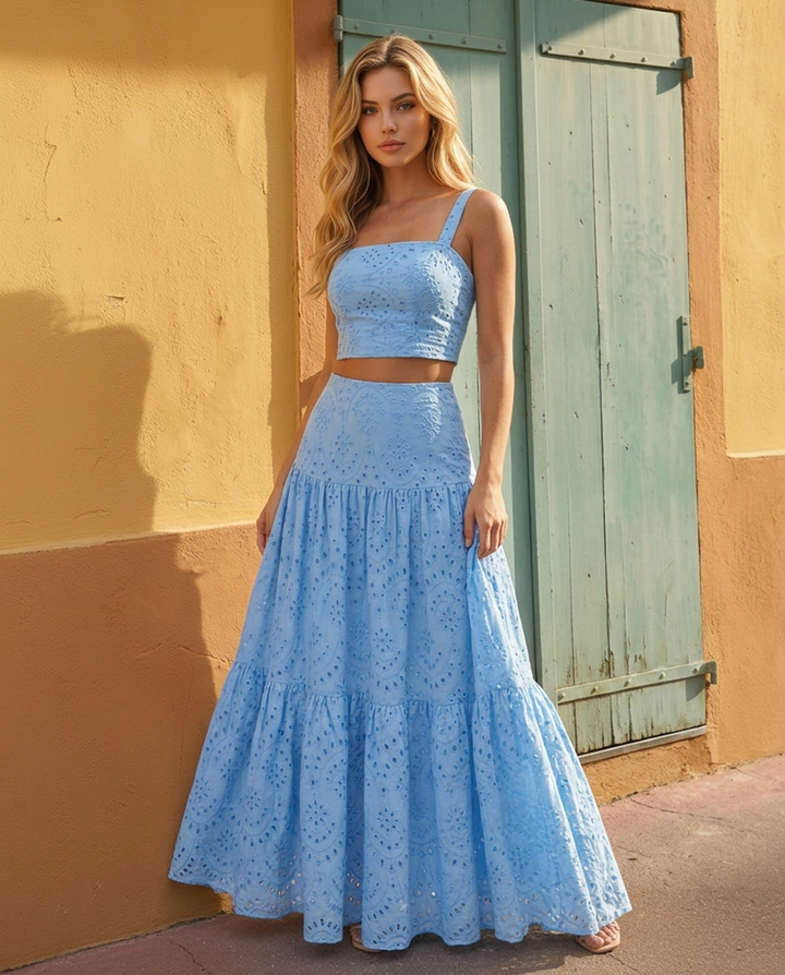 SOLACE  Blue Eyelet Square Neck Crop Top Tiered Maxi Skirt  Set 