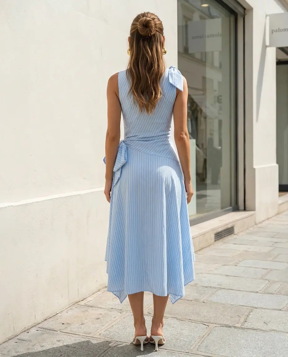 SOLACE  Blue Striped Sleeveless Asymmetrical Hem Midi Dress 