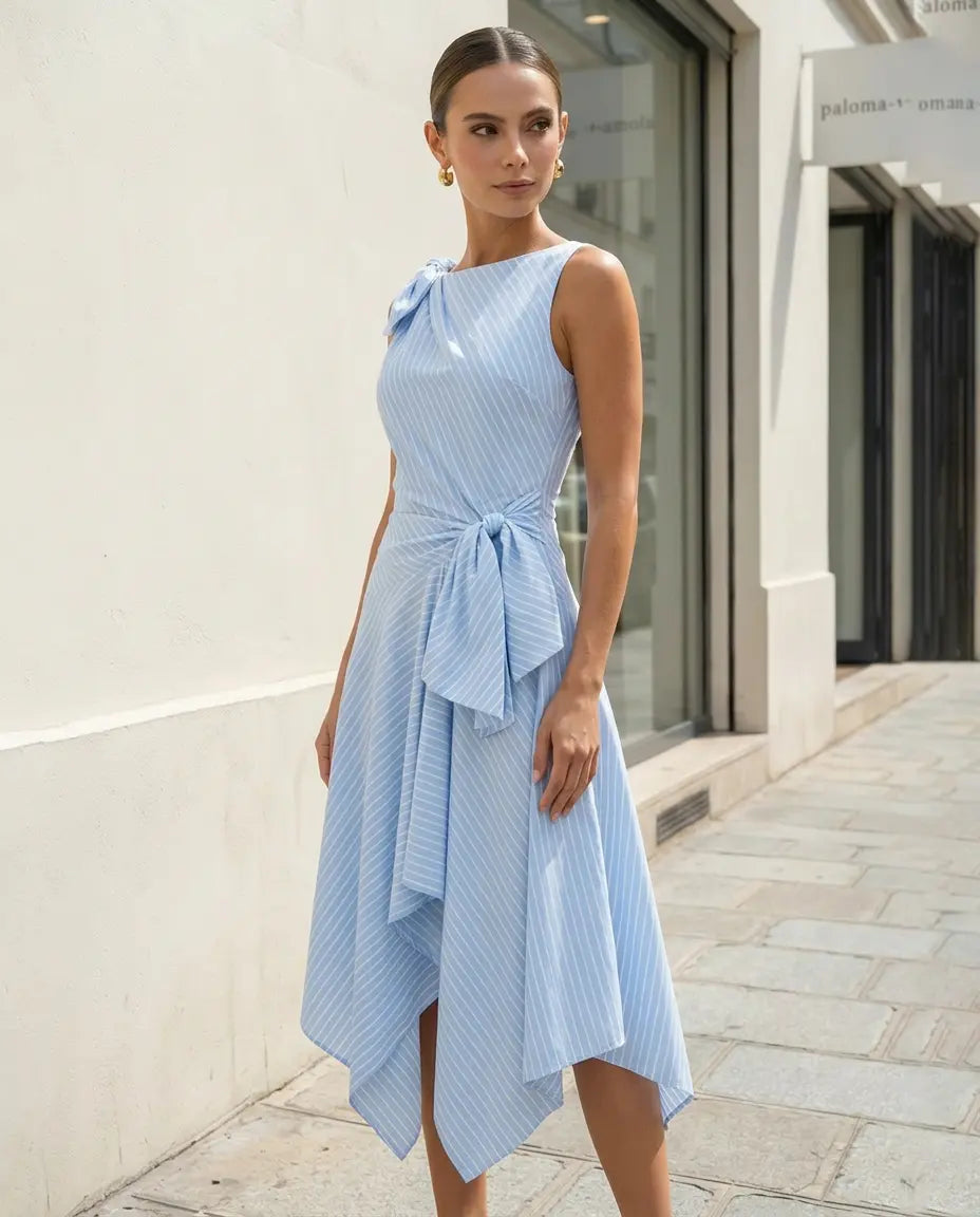 SOLACE  Blue Striped Sleeveless Asymmetrical Hem Midi Dress 
