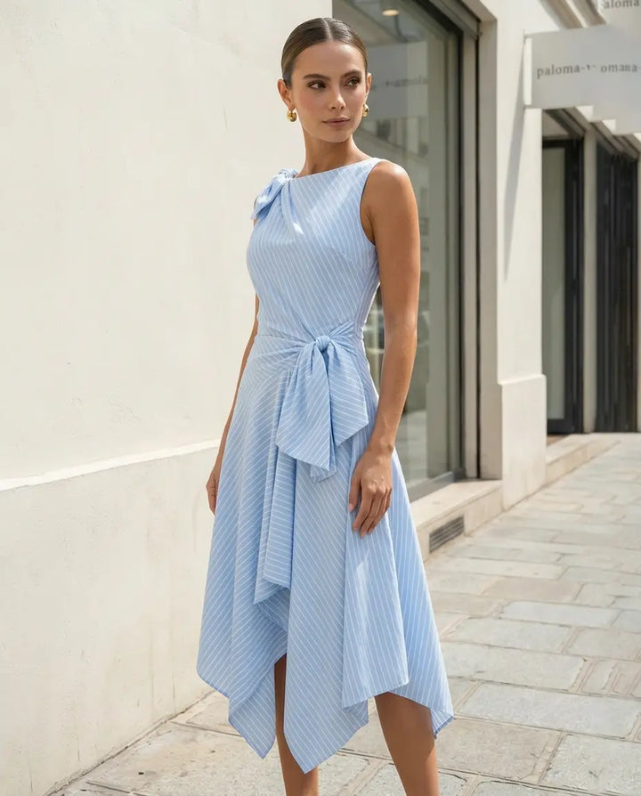 SOLACE  Blue Striped Sleeveless Asymmetrical Hem Midi Dress 