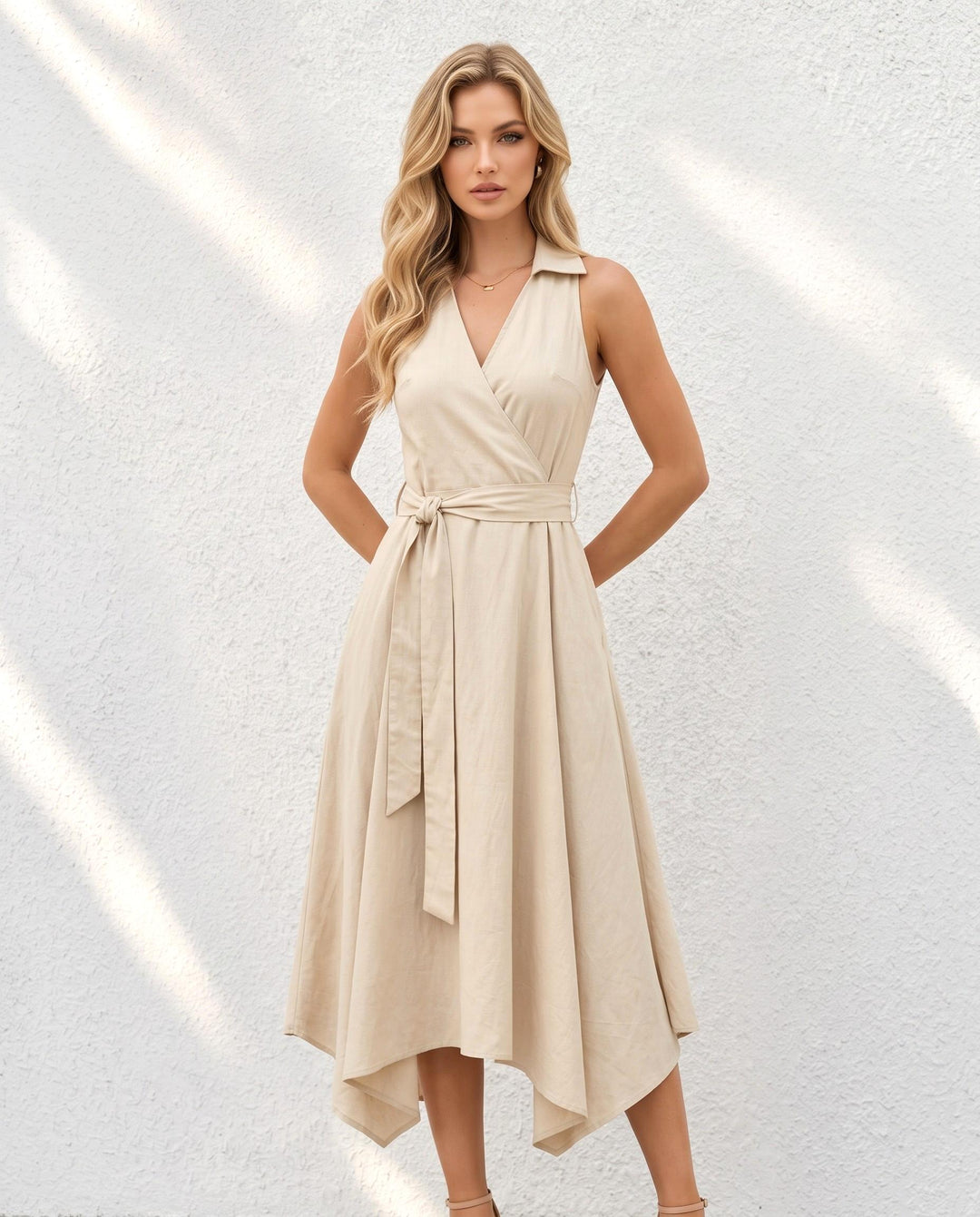 SOLACEBeige Collared V-Neck Asymmetrical Hem Midi Dress