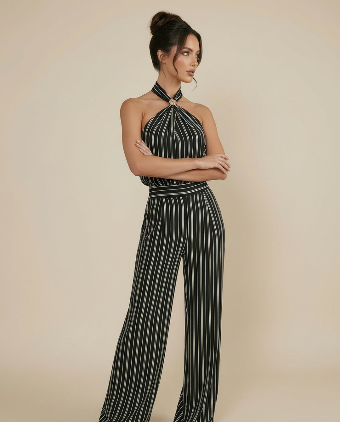 SOLACE  Black Striped Halter Neck Wide Leg Jumpsuit 