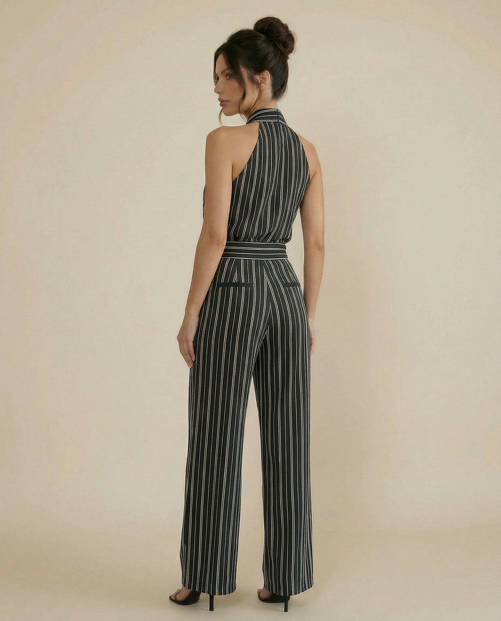 SOLACE  Black Striped Halter Neck Wide Leg Jumpsuit 