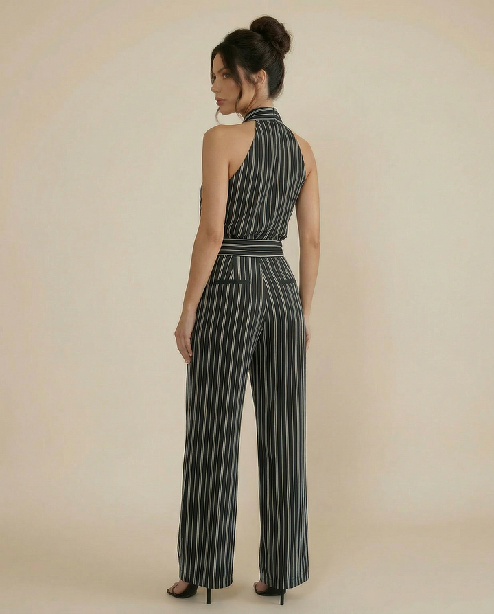 SOLACE  Black Striped Halter Neck Wide Leg Jumpsuit 