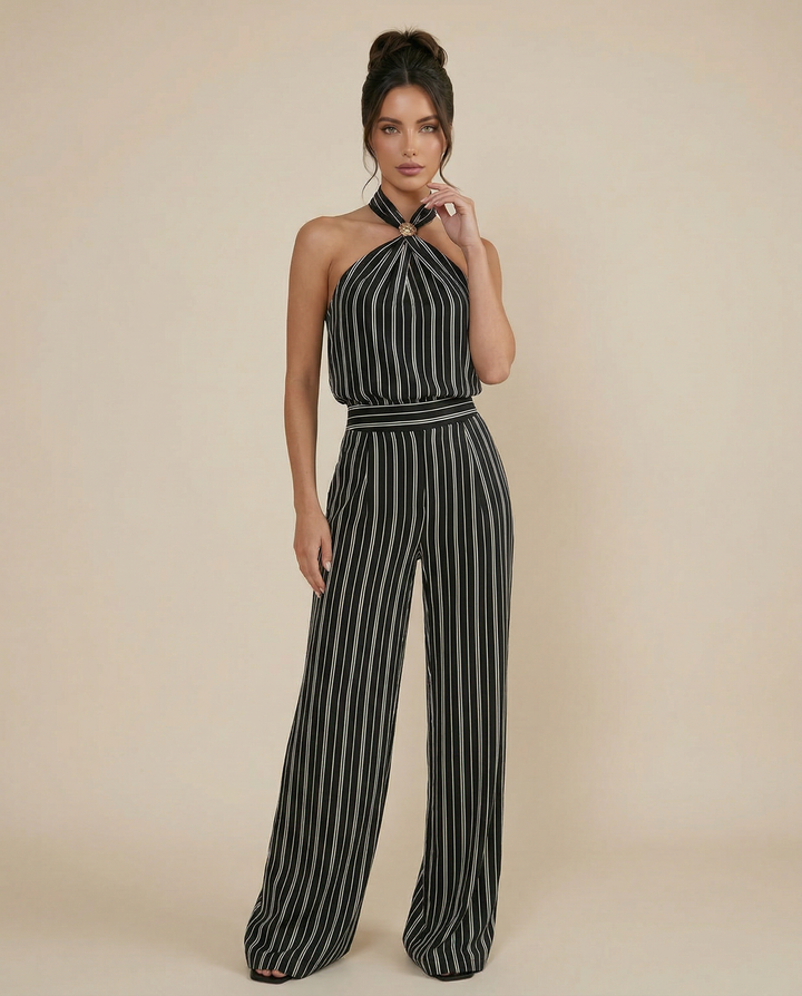SOLACE  Black Striped Halter Neck Wide Leg Jumpsuit 