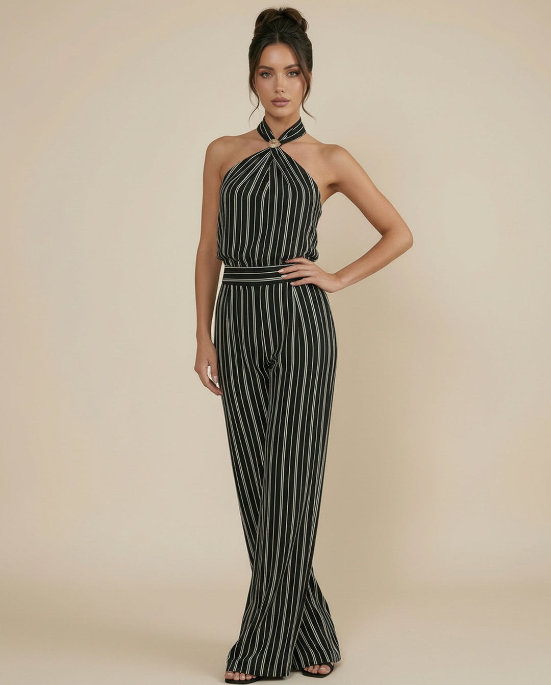 SOLACE  Black Striped Halter Neck Wide Leg Jumpsuit 