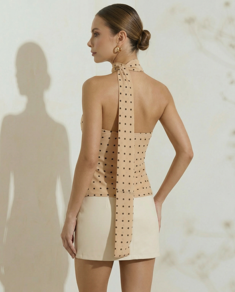 SOLACE  Beige Polka Dot Halter Tie Neck Detail Top 