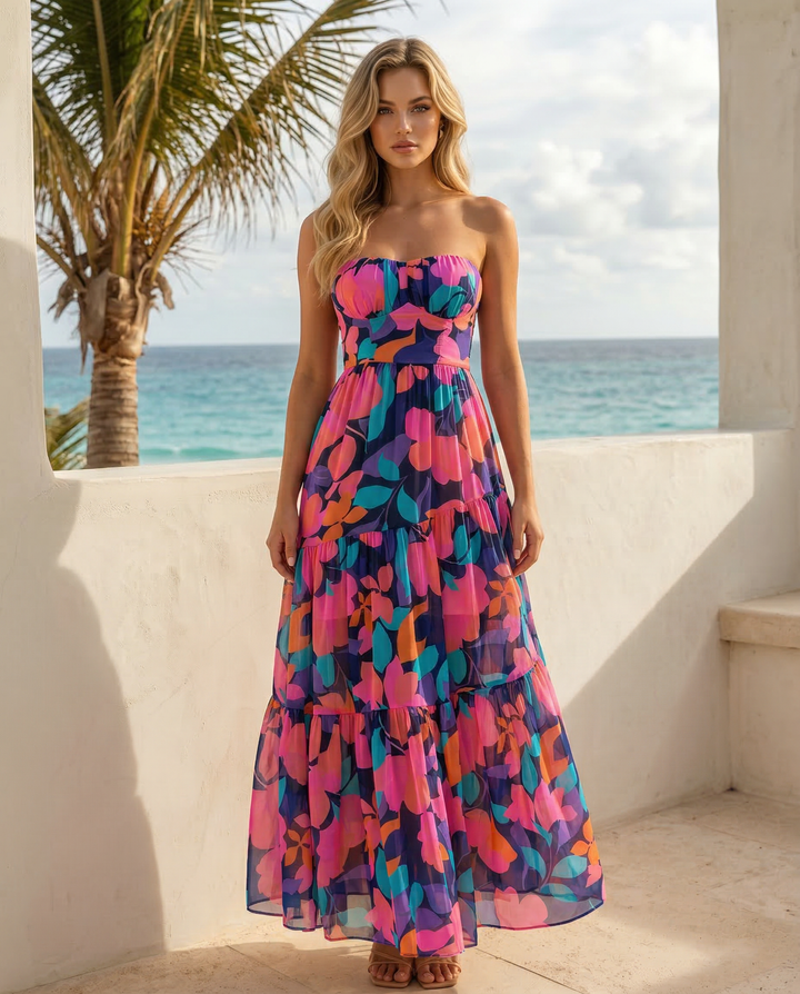 SOLACE  Multicolor Tropical Floral Print Strapless Tiered Chiffon Maxi Dress 