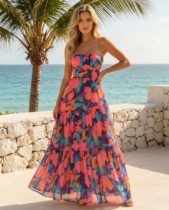 SOLACE  Multicolor Tropical Floral Print Strapless Tiered Chiffon Maxi Dress 