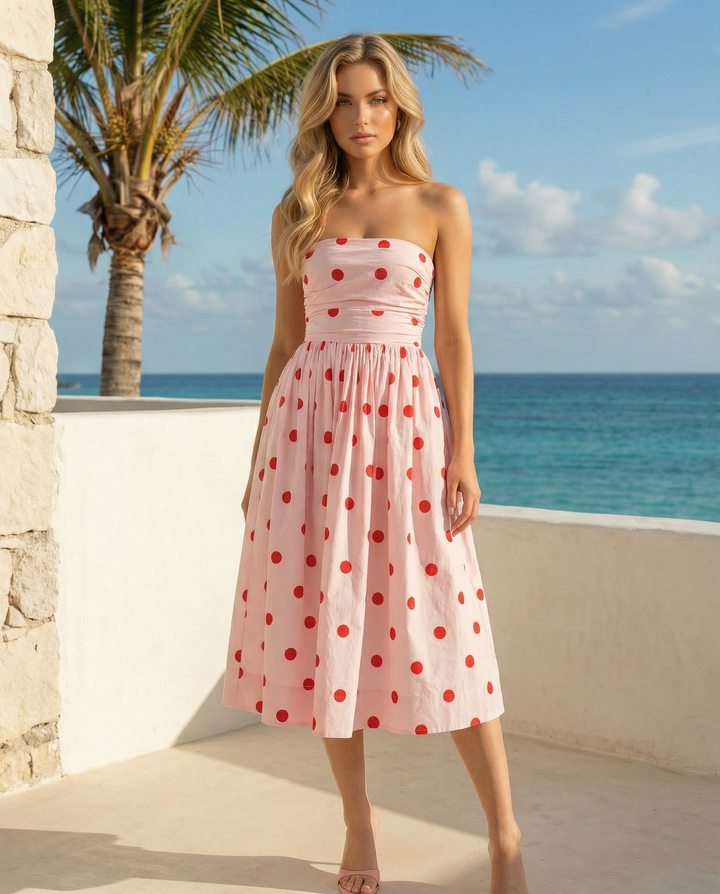 SOLACE  Pink Red Polka Dot Strapless Ruched Waist Flared A-Line Midi Dress 