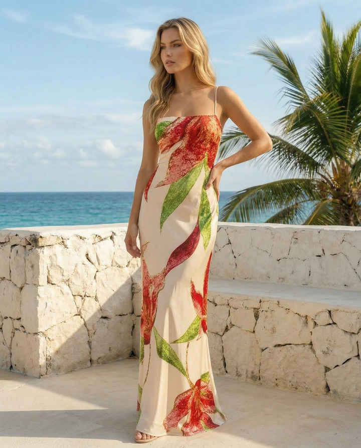 SOLACE  Tropical Floral Print Satin Spaghetti Strap Maxi Dress 