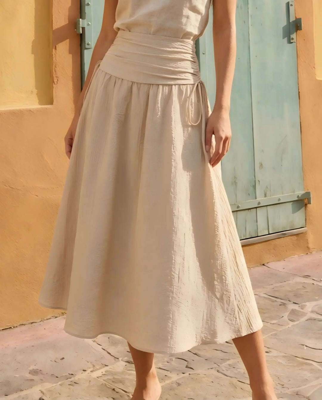SOLACE  Beige High Waist Drawstring Textured Midi Skirt 