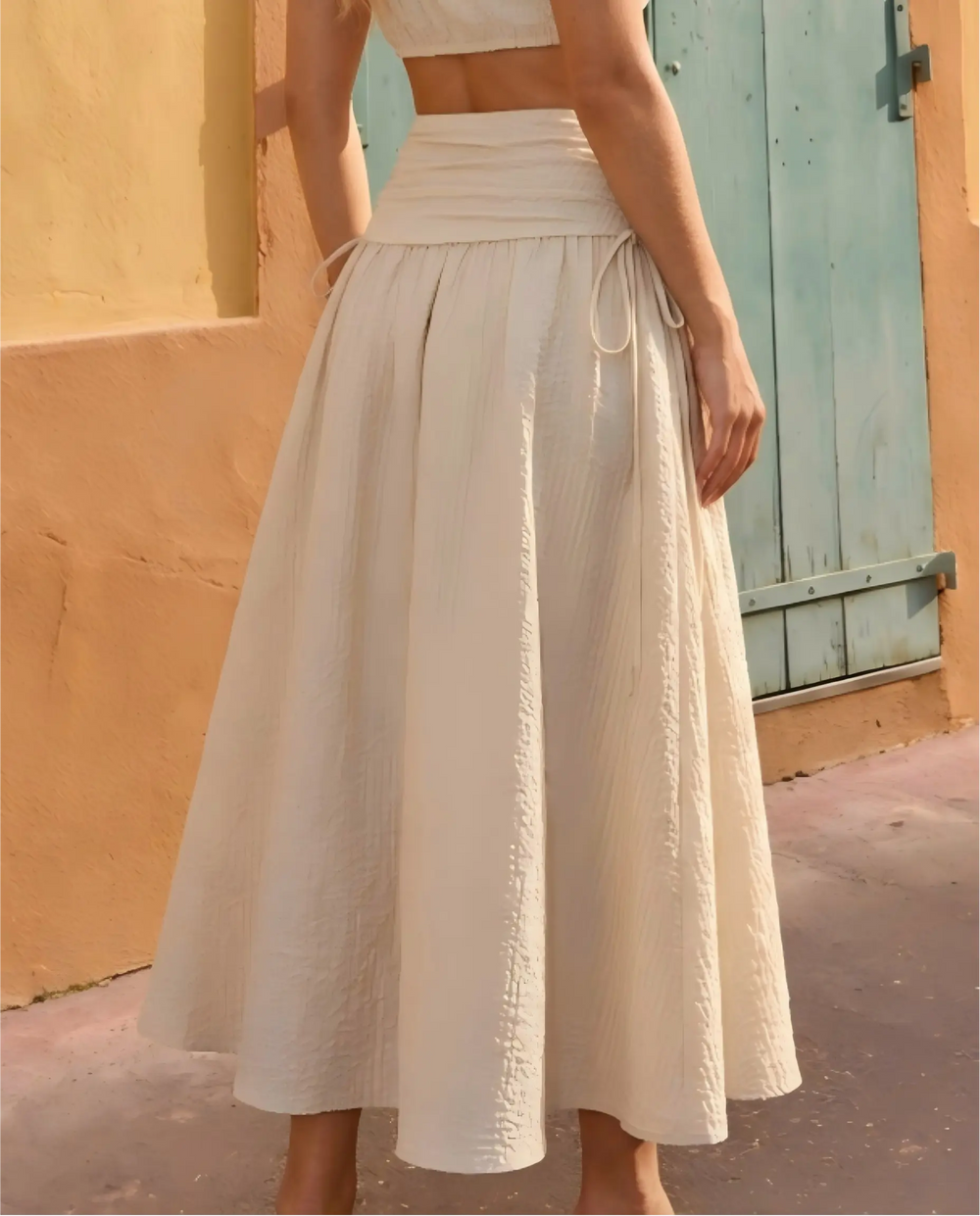 SOLACE  Beige High Waist Drawstring Textured Midi Skirt 
