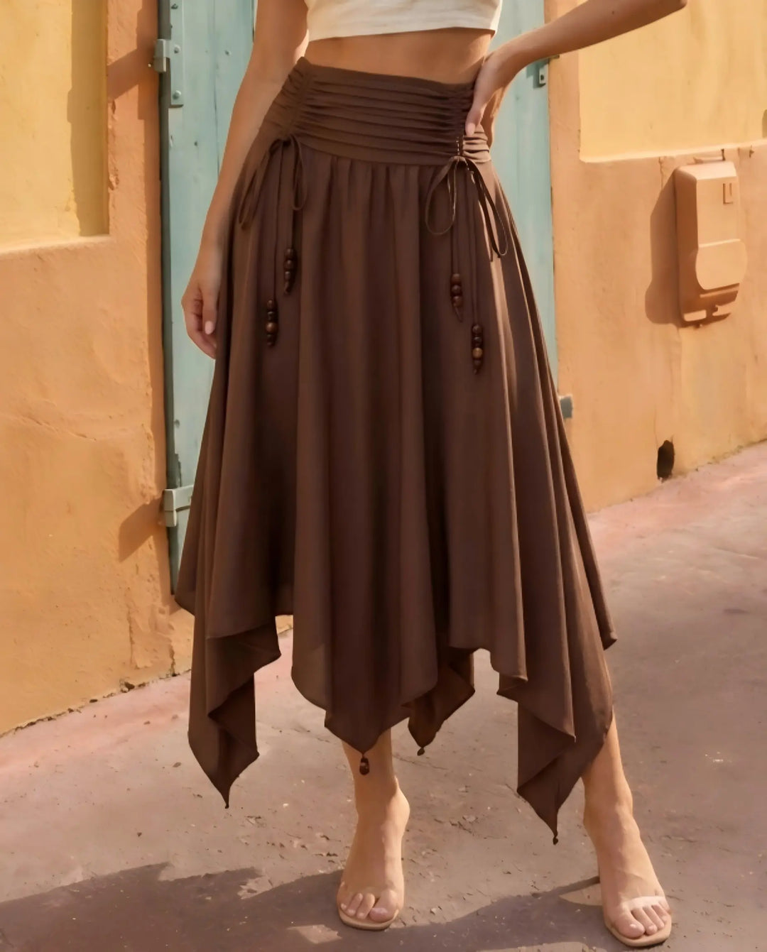 SOLACE  Brown Drawstring Asymmetrical Satin Midi Skirt 