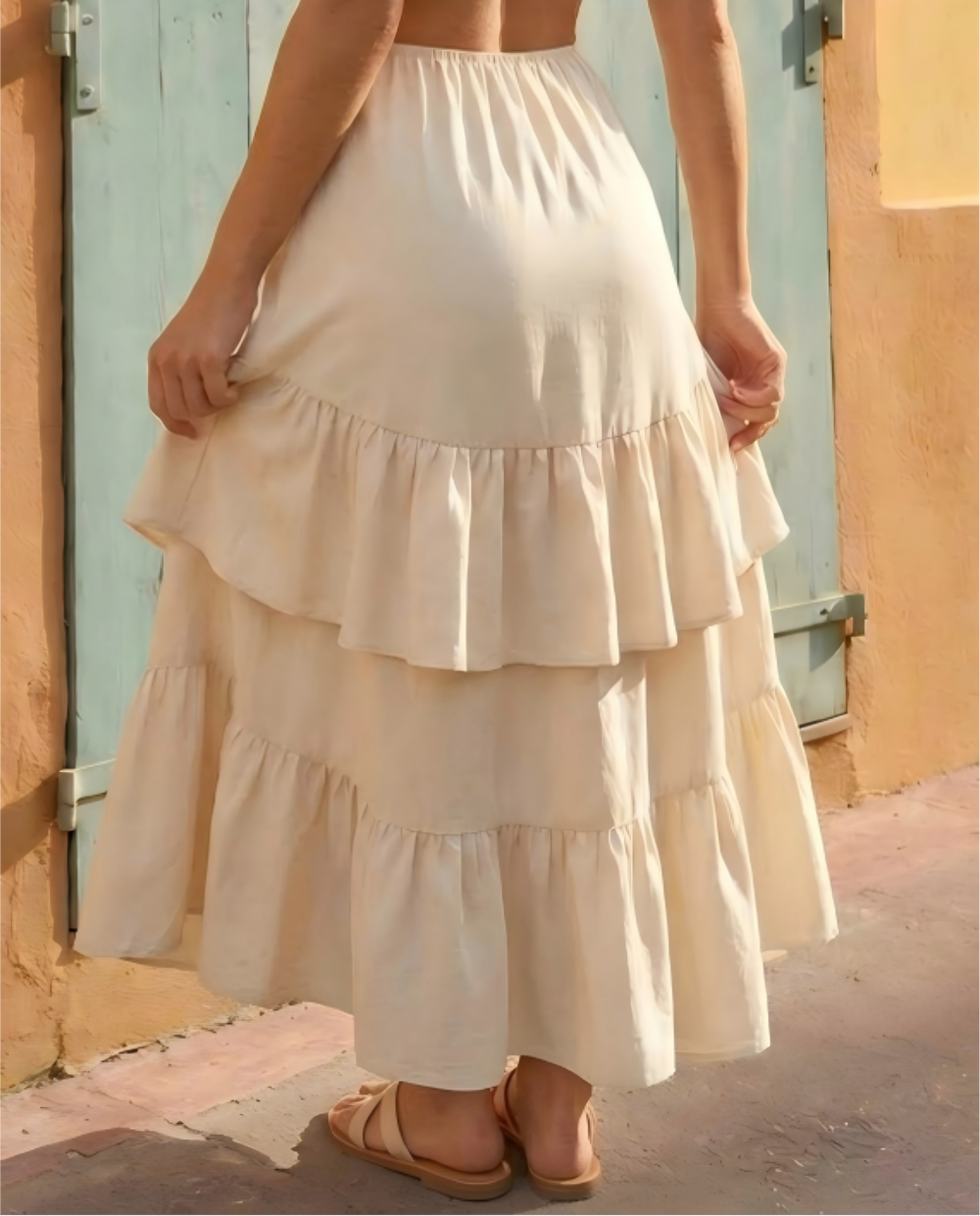SOLACE  Beige Ruffled Hem Drawstring Waist Slim Fit Skirt 