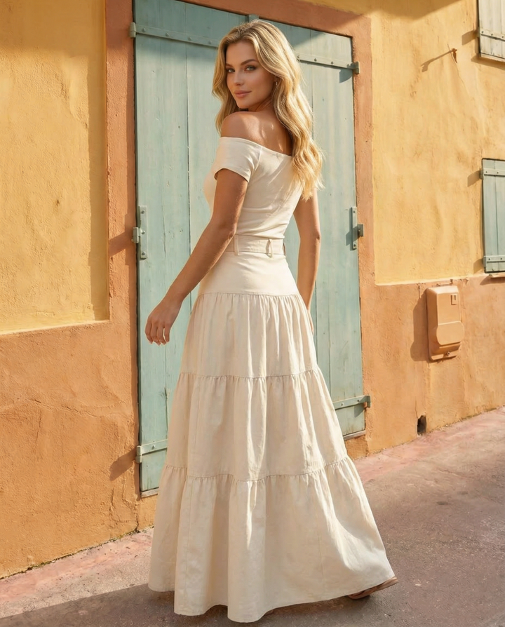 SOLACE  Beige High Waisted Tiered Button Detail Maxi Skirt 
