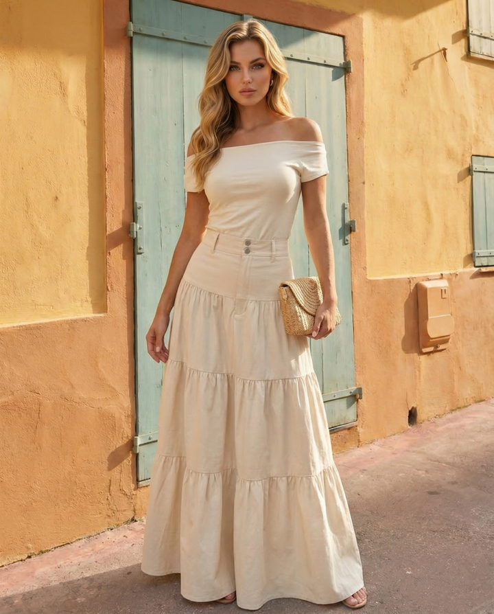 SOLACE  Beige High Waisted Tiered Button Detail Maxi Skirt 