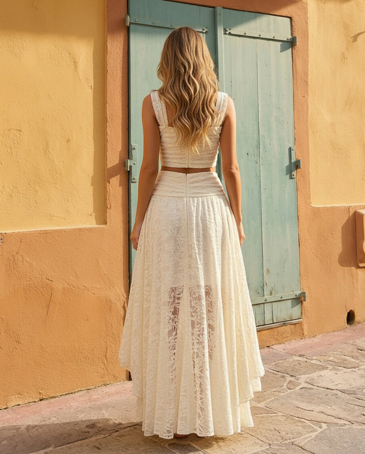 SOLACE  Lace High Waisted High Low 3D Flower Maxi Skirt 