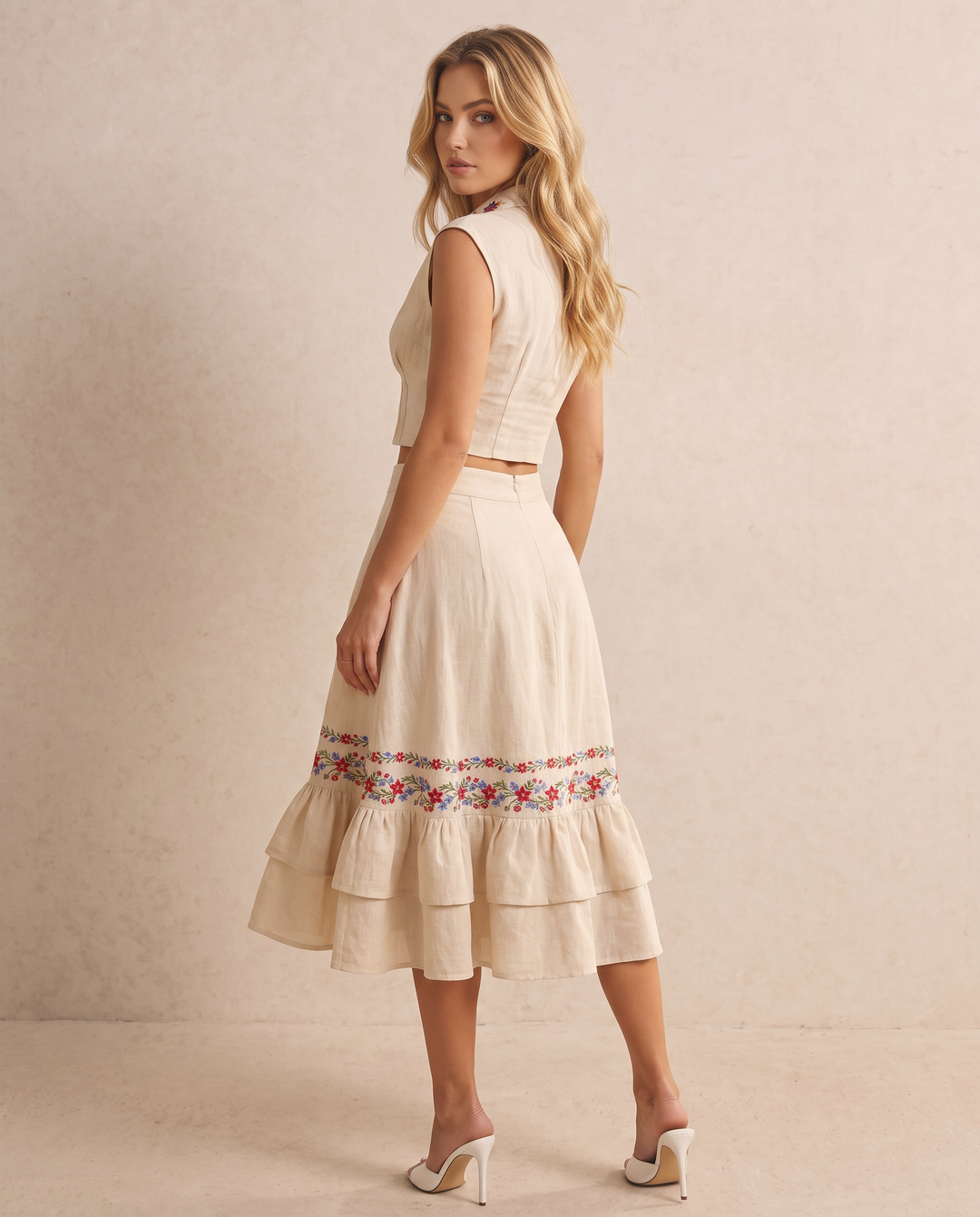 SOLACEBeige Linen Blend Floral Embroidery High Waist Tiered Ruffle Midi Skirt