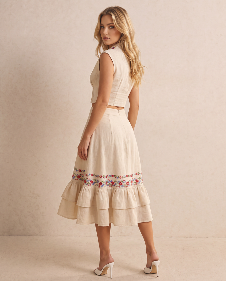 SOLACEBeige Linen Blend Floral Embroidery High Waist Tiered Ruffle Midi Skirt