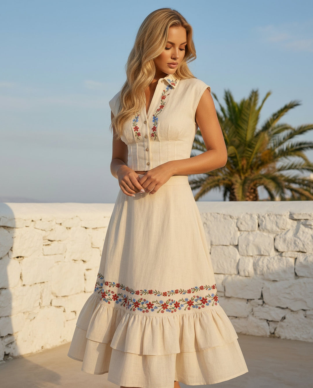SOLACE  Beige Linen Blend Floral Embroidery High Waist Tiered Ruffle Midi Skirt 