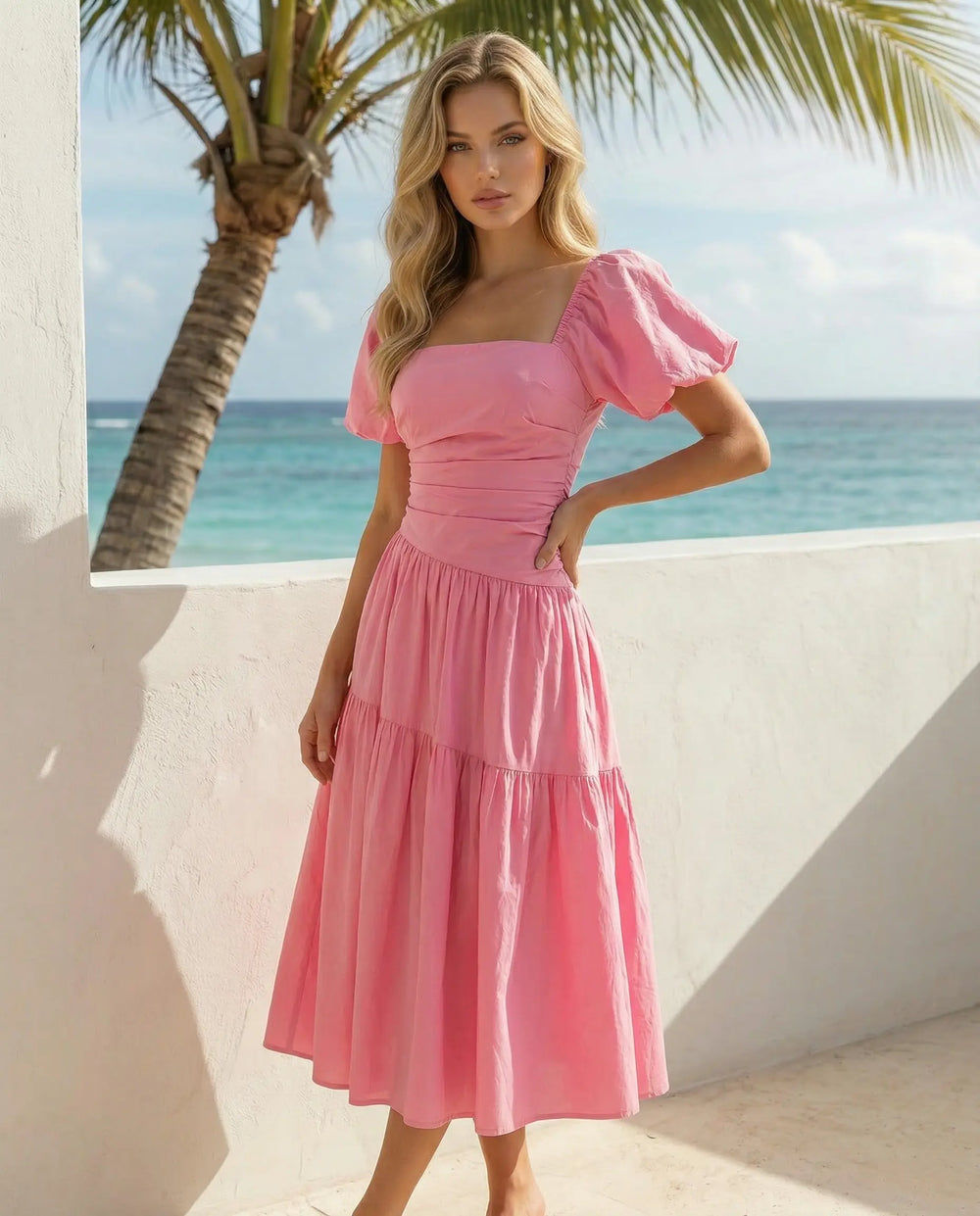 SOLACE  Pink Square Neck Puff Sleeve Ruched Waist Tiered Midi Dress 