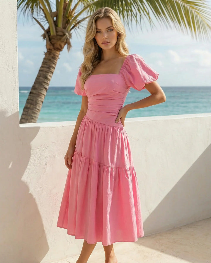 SOLACE  Pink Square Neck Puff Sleeve Ruched Waist Tiered Midi Dress 